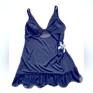 Victoria's Secret Black Mesh Underwire babydoll 36C Rose Embroidered VTG New